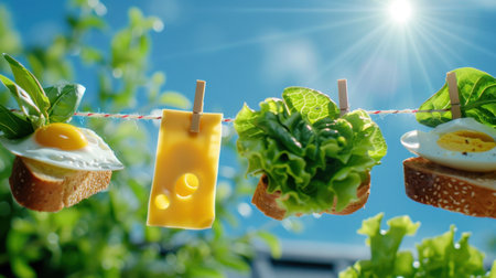 This creative image features a playful arrangement of fresh food items hanging on a clothesline, showcasing vibrant colors against a sunny backdrop.の素材