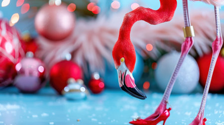 A charming flamingo figurine elegantly dressed in red heels stands out against a backdrop of colorful ornaments, enhancing holiday festivities with vibrant joy.の素材