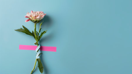 A stunning single flower wrapped with vibrant pink tape lies on a calming blue background, creating a captivating composition that highlights natural beauty.の素材