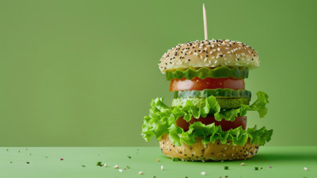 This vibrant image showcases a colorful, healthy burger made with layers of fresh vegetables including lettuce, tomato, and cucumber on a sesame bun.の素材