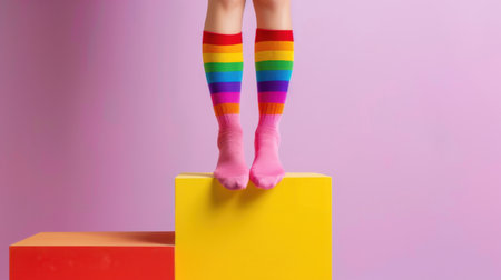 A child stands on colorful stacked cubes, wearing bright rainbow socks. The playful scene evokes creativity and joy against a soft pink backdrop.の素材