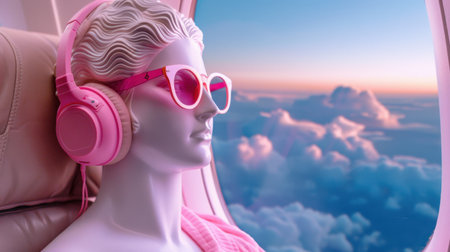 A whimsical mannequin with pink headphones and sunglasses enjoys a relaxing moment by the airplane window, showcasing vibrant colors against a cloudy sunset sky.の素材