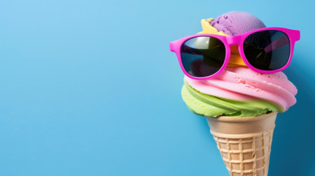 A whimsical ice cream cone with vibrant flavors of pink, green, and purple topped with stylish sunglasses, perfect for evoking summer joy and refreshment.の素材