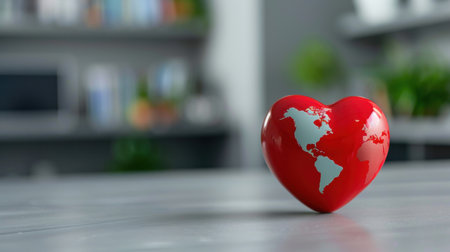 A vibrant red heart shape featuring a world map symbolizes global love and care for the planet. The modern home backdrop adds warmth and intimacy.の素材