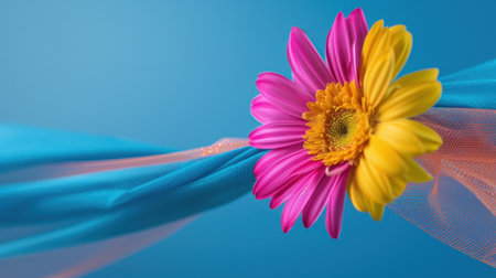 A stunning close-up of vibrant pink and yellow flowers elegantly arranged on soft blue fabric. This artistic shot celebrates beauty and nature's charm, perfect for various design projects.の素材