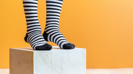 Chic and modern striped socks displayed on a wooden cube create a fun visual against a bright orange backdrop, perfect for showcasing casual style.の素材