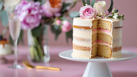 A beautifully crafted layered cake adorned with fresh flowers on a pink table. Perfect for celebrations, weddings, or special occasions, exuding elegance.の素材
