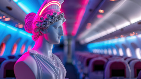 A captivating image showcasing a modern sculpture placed in an airplane cabin, illuminated by vibrant neon lights. The atmosphere combines art and travel.の素材