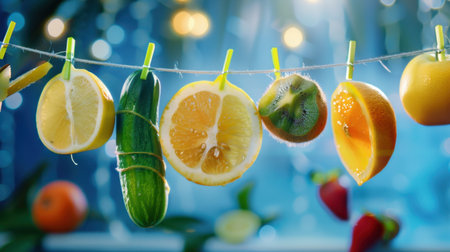 A lively and artistic display of vibrant fruits and vegetables hangs on a line. The fresh slices create a colorful ambiance, perfect for summer themes.の素材