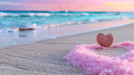 A serene beach scene featuring a heart-shaped rock nestled in pink sand, with gentle ocean waves lapping nearby at sunrise, evoking feelings of love and tranquility.の素材