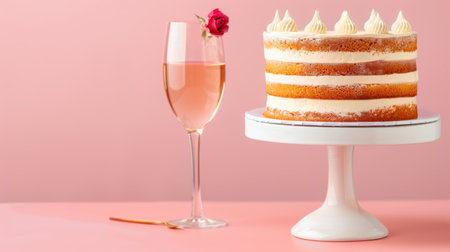 A stunning cake displayed on a pedestal, accompanied by a glass of beverage, creates a sophisticated atmosphere perfect for any celebration. The pink backdrop enhances the inviting elegance, making it suitable for various events. Ideal for marketing materials or social media posts about dessert ideas and party planning.の素材