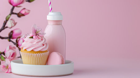 This delightful arrangement features a pink frosted cupcake, a pink macaron, and a charming milkshake, perfect for spring celebrations and sweet moments.の素材