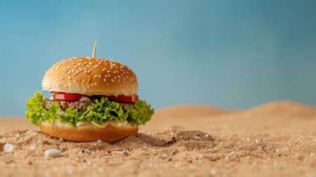 A vibrant hamburger sits on warm sand at the beach, showcasing fresh ingredients like lettuce and tomato, set against a bright blue sky.の素材