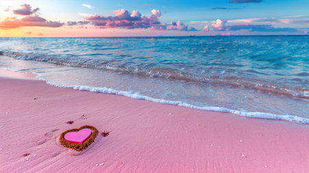A picturesque scene featuring a heart shape made of sand on a pink beach, with gentle waves lapping at the shore under a stunning sunset sky.の素材