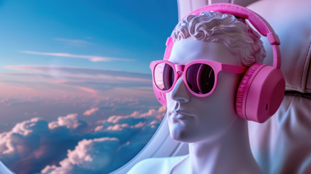 A sleek human figure wearing stylish pink headphones and sunglasses sits calmly beside an airplane window, overlooking a stunning sunset sky, evoking relaxation and adventure.の素材