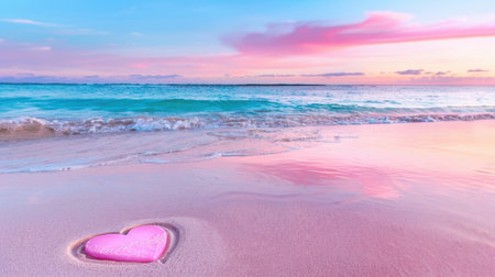 A tranquil beach scene featuring a pink heart-shaped object nestled in shimmering sand, with gentle waves and a stunning pastel sunset illuminating the sky.の素材