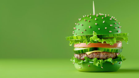 This unique green burger showcases a creative design with spikes, fresh vegetables, and a vibrant green backdrop, perfect for fun food photography.の素材