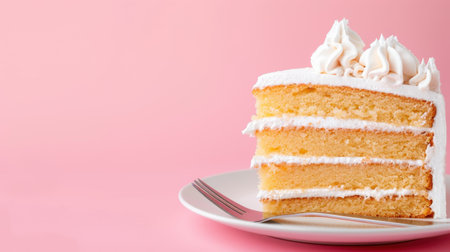 Indulge in a delightful slice of vanilla cake topped with creamy frosting, beautifully set against a vibrant pink background, perfect for celebrations.の素材