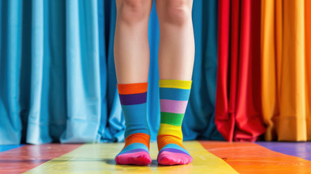 A pair of legs adorned with vibrant, striped socks stand on a rainbow-colored floor, set against an array of bright curtains. Perfect for playful and energetic themes.の素材