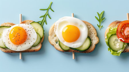 A visually appealing arrangement of breakfast toast topped with fresh ingredients like eggs, cucumbers, lettuce, and tomatoes, perfect for a light meal.の素材