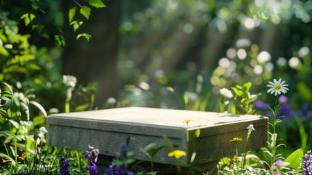 A serene garden scene featuring a stone platform amidst colorful wildflowers, bathed in soft sunlight. This peaceful setting invites relaxation and reflection.の素材