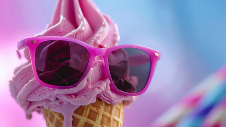 A delightful ice cream cone featuring creamy pink ice cream topped with vibrant sunglasses. This image captures the essence of summer fun and indulgence.の素材