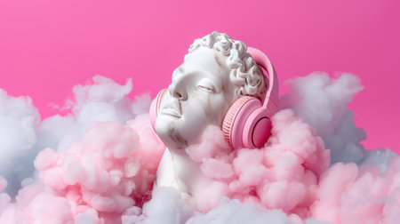 This striking image features a marble bust adorned with pink headphones, immersed in fluffy pink and white clouds against a vibrant background. Perfect for conveying a blend of artistry and modern trends.の素材