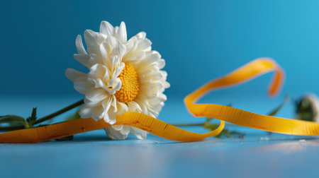 A delicate white daisy flower rests gracefully alongside a curled yellow ribbon on a bright blue background, capturing a moment of vibrant beauty and elegance.の素材