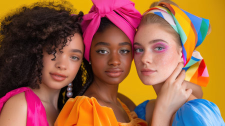 Three fashionable women share a joyful moment, showcasing vibrant colors and stylish outfits against a bright yellow background, celebrating diversity and beauty.の素材