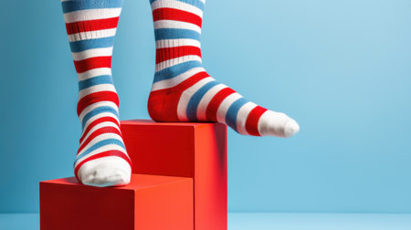 A pair of colorful striped socks in red and blue sits atop red blocks against a bright blue background, creating a fun and vibrant visual perfect for playful imagery.の素材