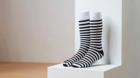 This image features a pair of black and white striped socks beautifully displayed on a minimalist white pedestal. The soft background enhances the focus on the stylish design and comfortable fabric.の素材