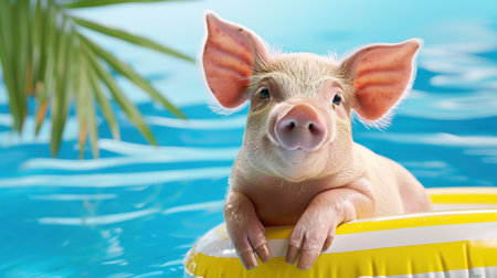 A charming piglet lounging on a vibrant float in a sparkling blue pool. The scene evokes a playful summer vibe, perfect for capturing joyful moments in nature.の素材