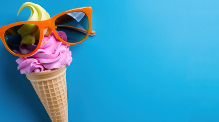 This fun and vibrant image features a colorful ice cream cone topped with swirls of soft serve, adorned with stylish sunglasses against a bright blue background, perfect for evoking summer joy and playful spirit.の素材