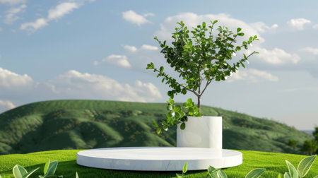 A vibrant green plant in a sleek white pot sits on a round platform, surrounded by a lush landscape, showcasing the beauty of nature and minimalism.の素材