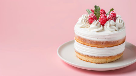 A stunning two-layered cake featuring creamy frosting, adorned with fresh raspberries, set against a soft pastel pink background for a delightful treat.の素材
