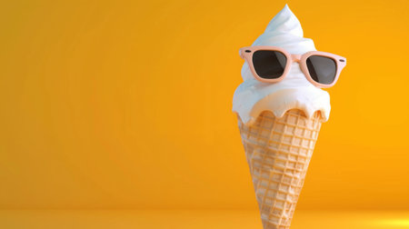 A fun and vibrant ice cream cone topped with whipped cream and sunglasses, set against a sunny yellow backdrop, perfect for summer themes and joyful moments.の素材