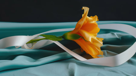 A beautiful yellow rose lies gracefully on soft turquoise fabric, accompanied by a delicate white ribbon. This composition exudes elegance and charm.の素材
