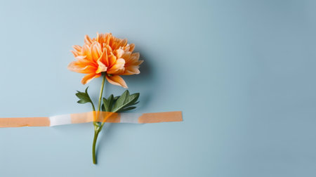This image captures a soft orange flower with green leaves delicately taped on a light blue background, showcasing elegance and simplicity. Ideal for creative projects.の素材