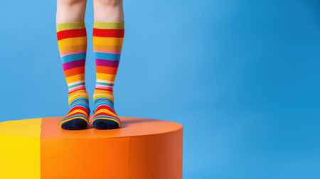 This vibrant image features a child's feet adorned with colorful striped socks resting on a bright circular platform. The blue background enhances the playful and cheerful atmosphere, capturing the essence of youthful joy and creativity.の素材