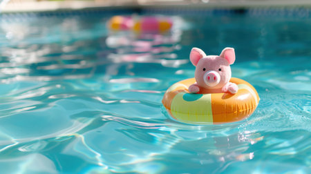 A cute pig toy floats on a colorful lifebuoy in a shimmering pool, capturing the essence of summer fun and joyful moments by the water.の素材