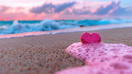 A charming pink heart-shaped object rests on sandy beach foam as gentle waves wash up during an enchanting sunset, creating a serene atmosphere.の素材