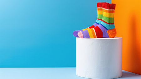 A vibrant representation of colorful striped socks on a round pedestal, set against a playful blue and orange background, perfect for fashion and lifestyle imagery.の素材
