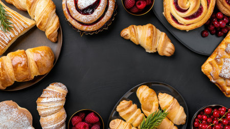 A delightful arrangement of freshly baked pastries including croissants, Danish, and berries, beautifully presented on a dark background, ideal for culinary themes.の素材