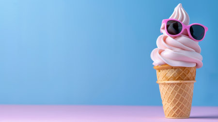 A whimsical ice cream cone adorned with pink sunglasses set against a vibrant blue backdrop, perfect for conveying summer fun and joy with a playful twist.の素材