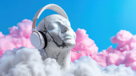 This artistic image showcases a marble bust wearing headphones, immersed in fluffy pink clouds under a vibrant blue sky. It captures a surreal blend of technology and beauty, evoking feelings of relaxation and creativity. Perfect for themes of audio, modern lifestyle, and dreamlike experiences.の素材
