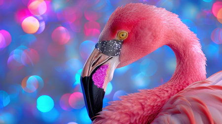 This stunning close-up captures the beauty of a flamingo adorned with glitter against a backdrop of colorful bokeh lights. The vibrant pink hues and shimmering details create a captivating, artistic depiction of wildlife.の素材