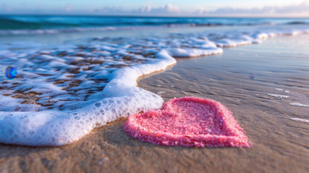 A beautiful heart-shaped design created from pink sand sits on a serene beach, where gentle waves caress the shore beneath a stunning sunset.の素材