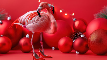 A quirky flamingo wearing red high heels stands amidst vibrant red Christmas ornaments, capturing the essence of playful holiday spirit and festive decorations.の素材