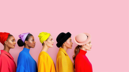 A striking image of diverse women showcasing colorful fashion hats, blending vibrant styles against a soft pink background. Perfect for fashion inspiration.の素材