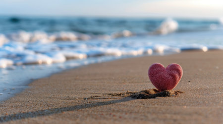 A heart-shaped pink stone rests gently on the beach sand, captured against a backdrop of soft waves and a serene sky, symbolizing love and tranquility.の素材